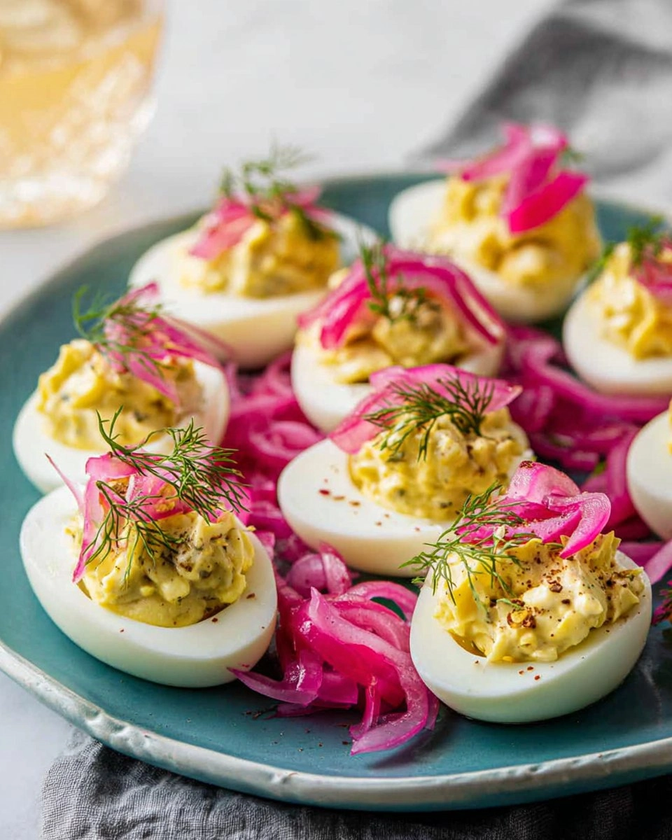 Crab Deviled Eggs with Pickled Onions