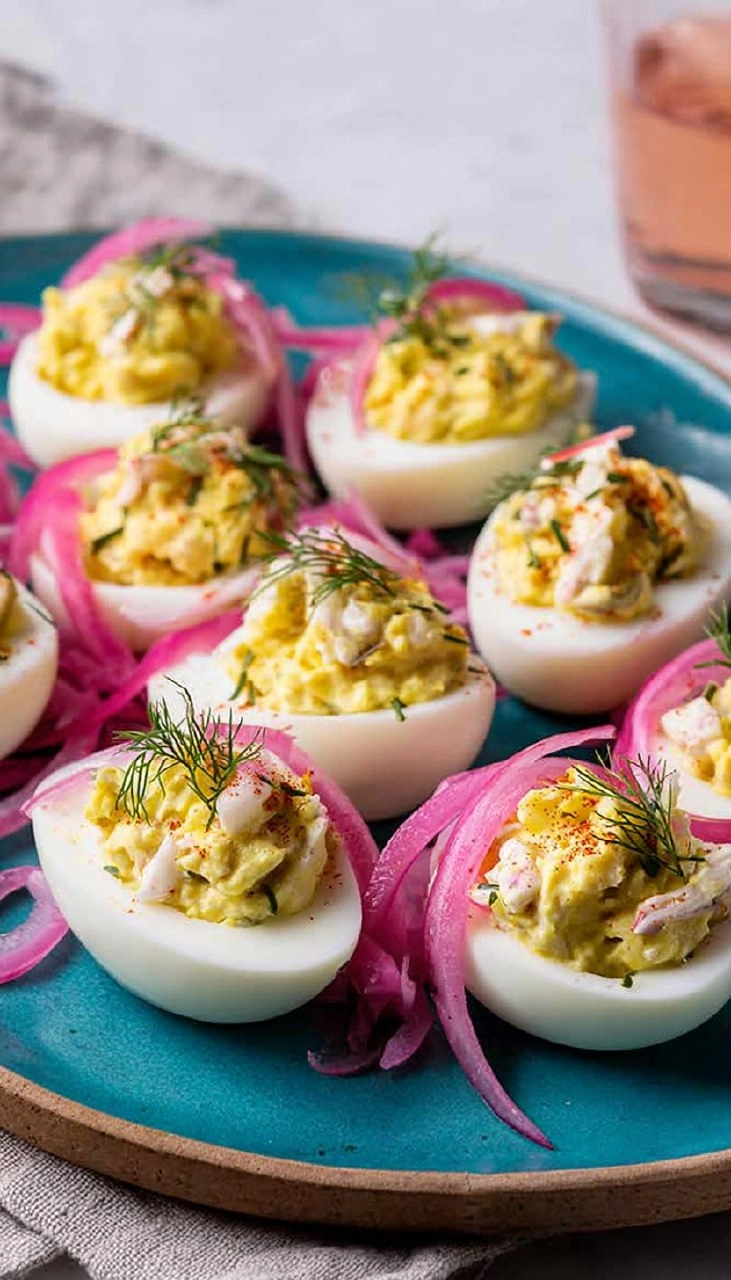 Crab Deviled Eggs with Pickled Onions
